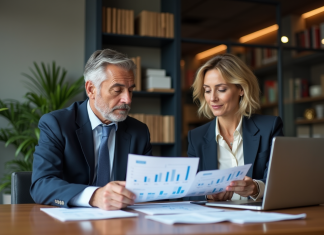 Différence investissement et gestion d’actifs : tout savoir pour bien comprendre Homme et femme en réunion d'affaires avec graphiques financiers