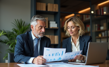 Homme et femme en réunion d'affaires avec graphiques financiers