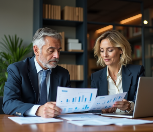 Différence investissement et gestion d’actifs : tout savoir pour bien comprendre Homme et femme en réunion d'affaires avec graphiques financiers
