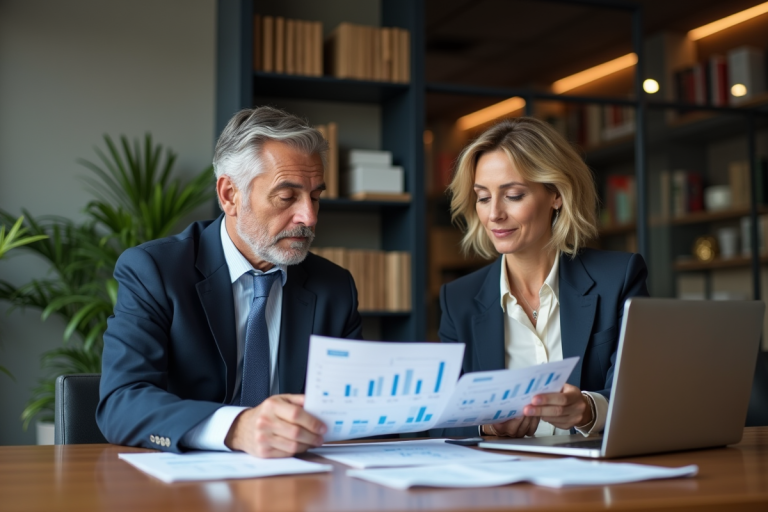 Homme et femme en réunion d'affaires avec graphiques financiers