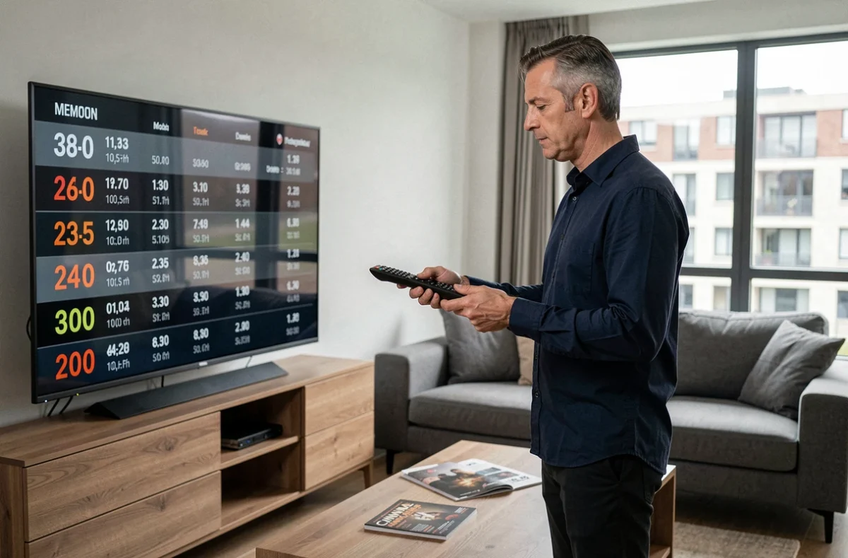 Homme consultant un programme TV en format 24 heures sur un écran dans un salon moderne