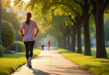 Personne marchant seul sur un trottoir verdoyant au matin