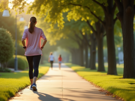 Personne marchant seul sur un trottoir verdoyant au matin