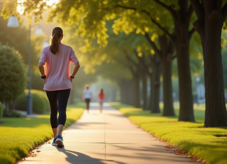 Personne marchant seul sur un trottoir verdoyant au matin