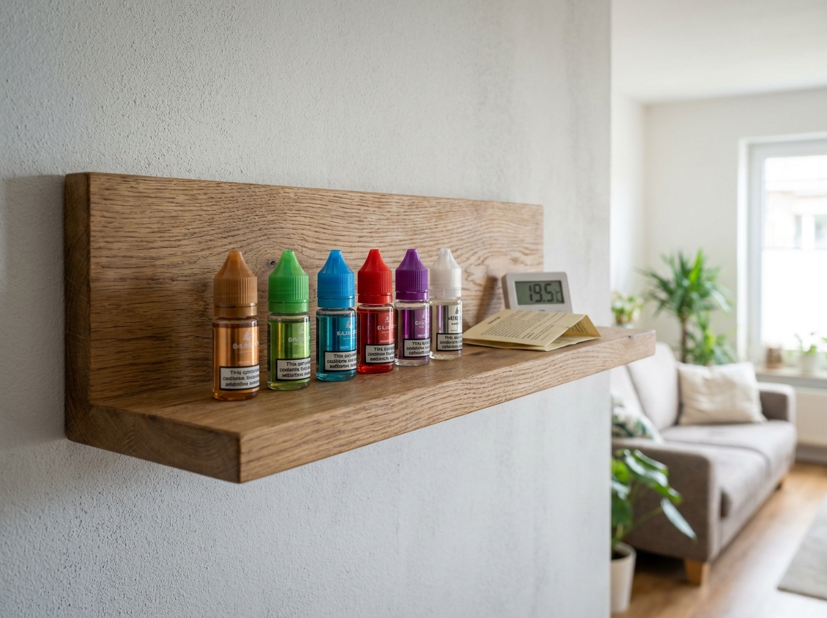 Rangement sécurisé de flacons d'e-liquide sur une étagère en bois avec thermomètre, illustrant les bonnes pratiques de conservation des e-liquides