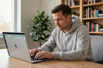 Homme utilisant un ordinateur portable pour rechercher la nouvelle adresse du site 1jour1film en 2026