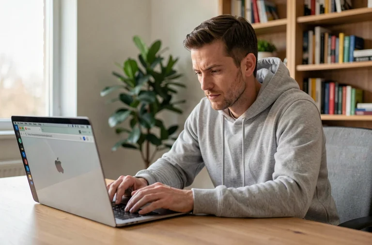 Homme utilisant un ordinateur portable pour rechercher la nouvelle adresse du site 1jour1film en 2026
