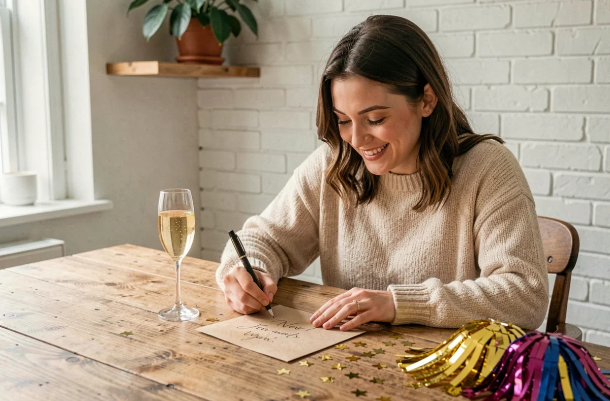 Femme rédigeant une carte de voeux manuscrite pour 2026 avec champagne et cotillons