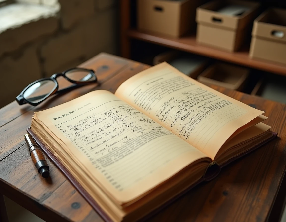 Registre de naissance manuscrit ancien ouvert sur une table en bois avec une plume et des lunettes