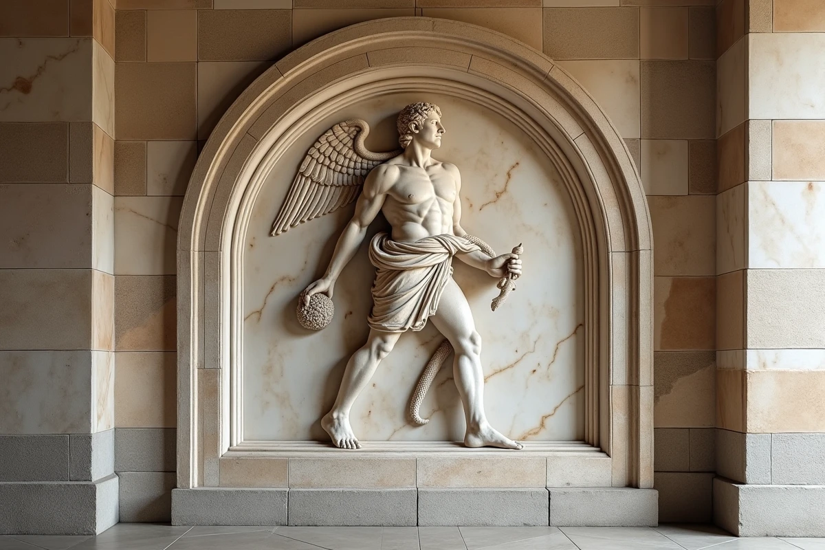 Relief en marbre romain représentant Mercure messager des dieux dans une galerie de musée classique