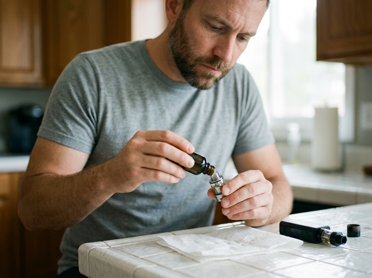 Homme remplissant soigneusement un clearomiseur avec un e-liquide sur un plan de travail, illustrant l'utilisation correcte et sécurisée des e-liquides