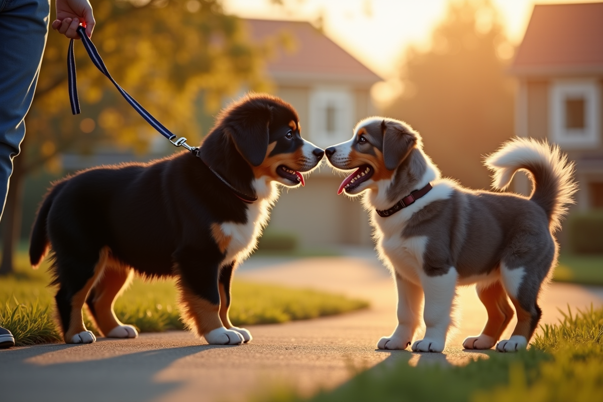 Chiot bouledogue rencontrant un autre chien lors d