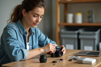 Jeune femme réassemble un appareil photo réutilisable à la maison