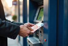 Personne retirant des billets euro à un distributeur dans une banque moderne