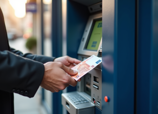 Personne retirant des billets euro à un distributeur dans une banque moderne