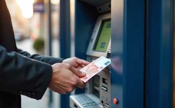 Personne retirant des billets euro à un distributeur dans une banque moderne