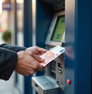 Personne retirant des billets euro à un distributeur dans une banque moderne