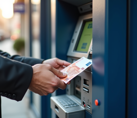 Personne retirant des billets euro à un distributeur dans une banque moderne