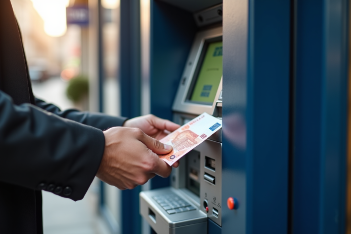 Personne retirant des billets euro à un distributeur dans une banque moderne
