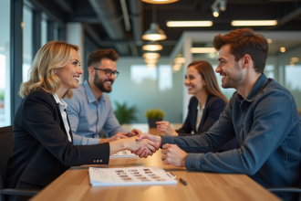 Femme d'affaires serrant la main à un jeune couple dans une agence immobilière
