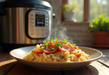 Assiette de risotto crémeux avec chorizo doré et persil