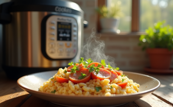 Assiette de risotto crémeux avec chorizo doré et persil