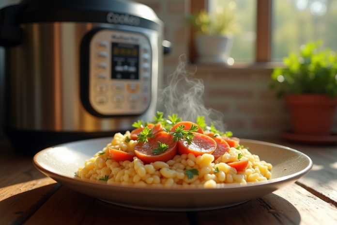 Assiette de risotto crémeux avec chorizo doré et persil