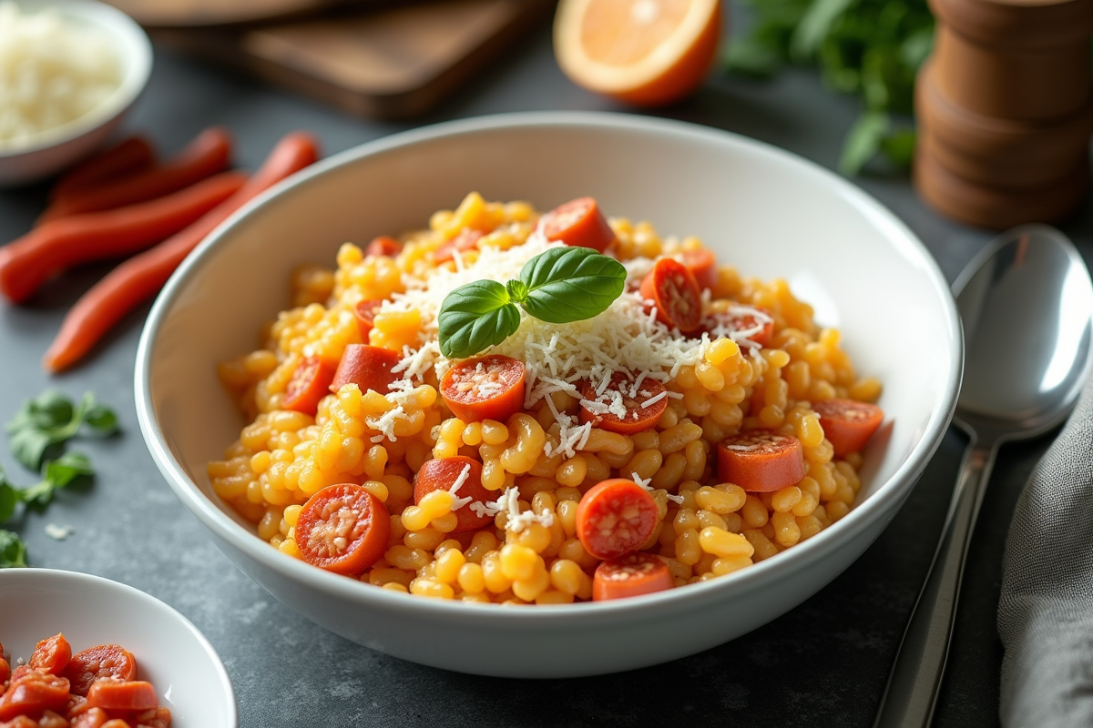 Zoom sur risotto avec chorizo et parmesan dans un bol blanc