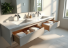 Salle de bain moderne avec double vasque et rangements bien organisés