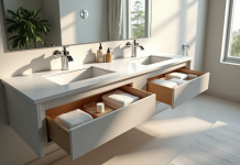 Salle de bain moderne avec double vasque et rangements bien organisés