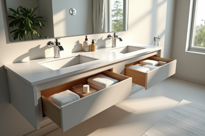 Salle de bain moderne avec double vasque et rangements bien organisés