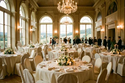 Salle de réception élégante dans le Pas-de-Calais décorée pour un mariage avec tables rondes et nappes ivoire