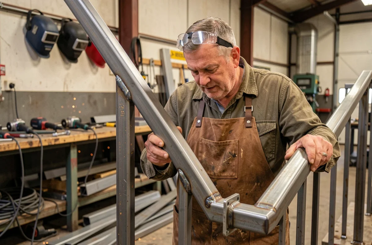 Artisan serrurier métallier inspectant des pièces métalliques fabriquées sur mesure dans son atelier du Calaisis, représentant Sarl Prangere
