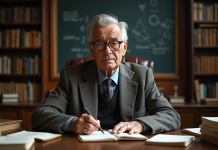 Scientifique âgé dans une bibliothèque ancienne