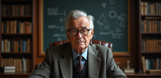 Scientifique âgé dans une bibliothèque ancienne