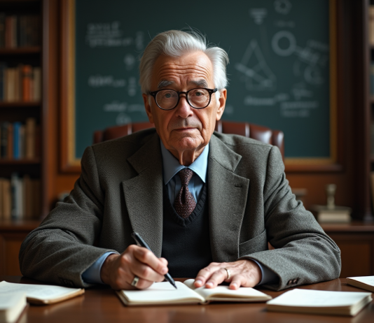 Scientifique âgé dans une bibliothèque ancienne