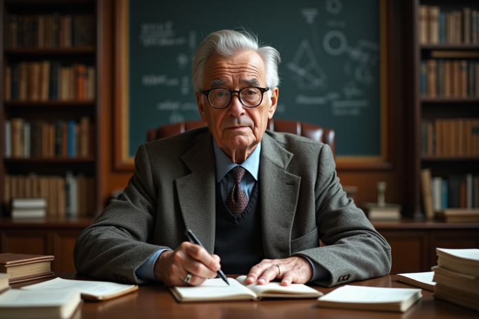 Scientifique âgé dans une bibliothèque ancienne