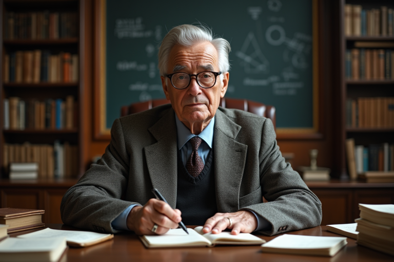 Scientifique âgé dans une bibliothèque ancienne