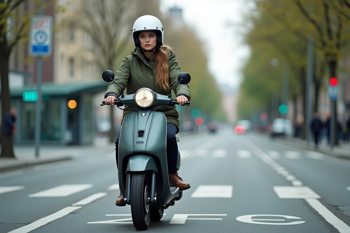Scooter 50cc arrêté devant un marquage au sol de zone à faibles émissions en ville