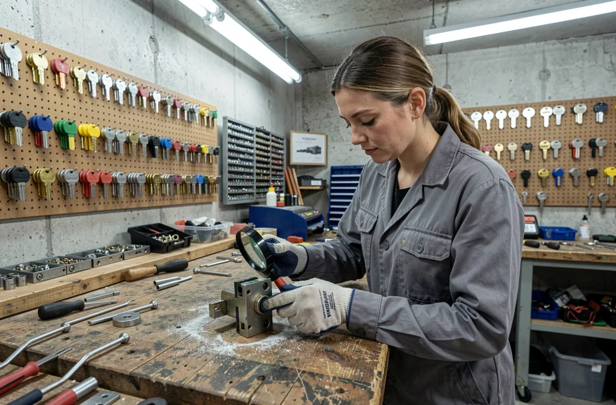 Serrurier femme examinant un mécanisme de serrure dans un atelier de serrurerie en Rhône-Alpes
