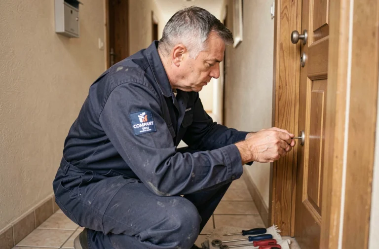 Serrurier professionnel en uniforme intervenant sur une porte d'appartement dans un couloir d'immeuble en Auvergne-Rhône-Alpes