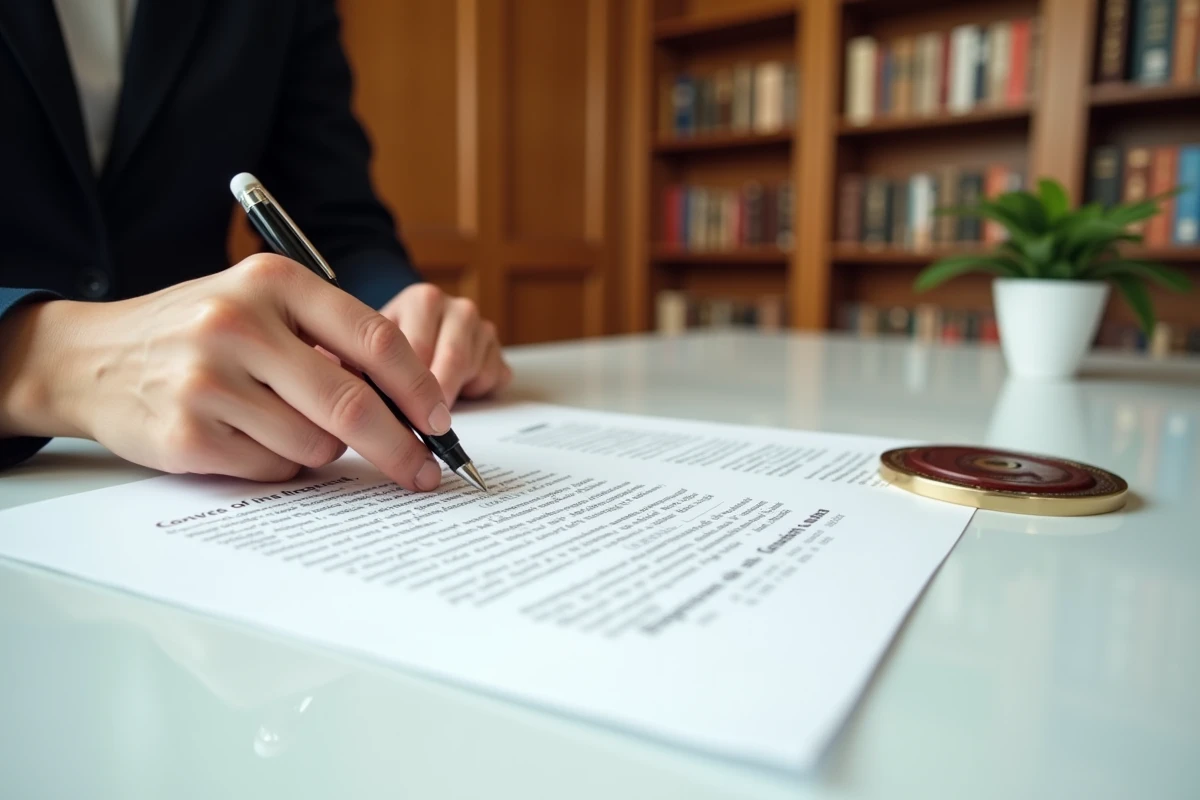 Signature d'un contrat de cession ou d'acquisition d'entreprise par une juriste dans un cabinet juridique professionnel