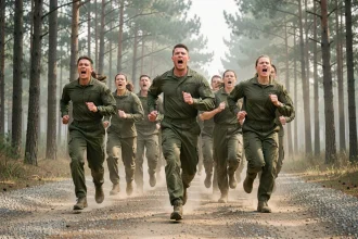 Groupe de soldats en tenue militaire courant en formation sur un sentier forestier en chantant des chants militaires cadencés