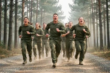 Groupe de soldats en tenue militaire courant en formation sur un sentier forestier en chantant des chants militaires cadencés