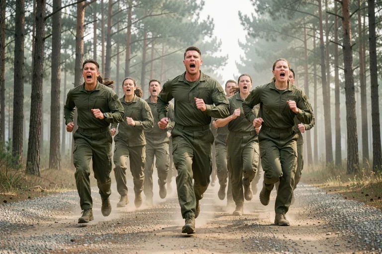 Groupe de soldats en tenue militaire courant en formation sur un sentier forestier en chantant des chants militaires cadencés
