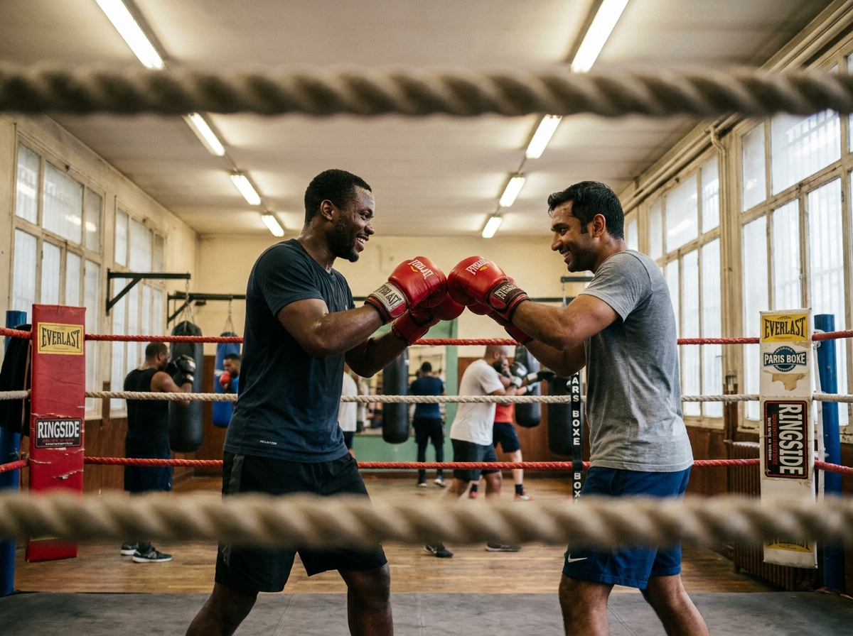 Deux hommes s'entraînent ensemble en souriant dans un ring de boxe parisien, reflétant l'ambiance conviviale d'une salle accueillante