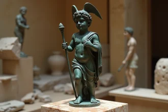 Statuette en bronze antique d'Hermès sur un piédestal en marbre dans une salle de conservation de musée archéologique