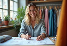 Modèle dans un studio de mode lumineux avec tissus colorés