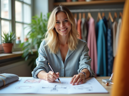 Modèle dans un studio de mode lumineux avec tissus colorés