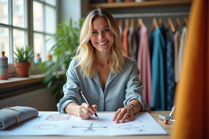 Modèle dans un studio de mode lumineux avec tissus colorés